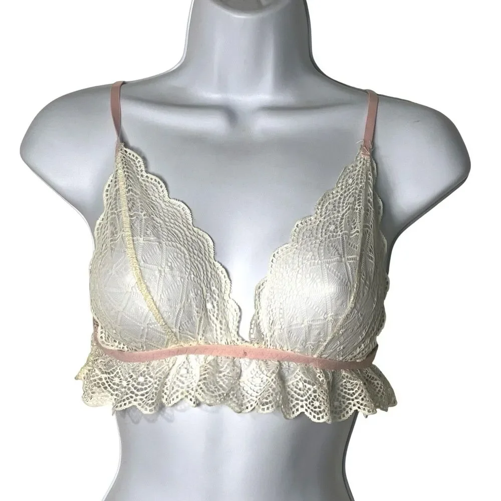 Boohoo Bralette Bra Women's L White Lace Wireless Ruffle Hem Adjustable Straps
